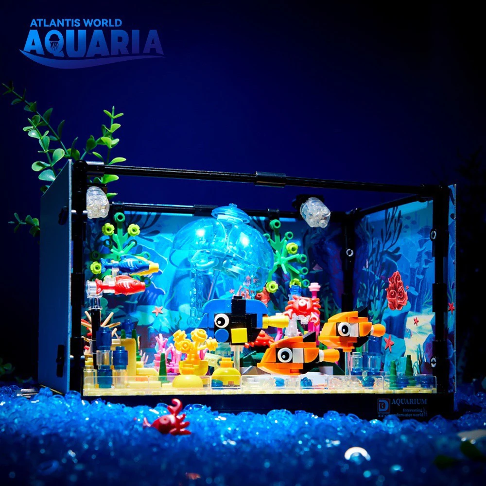 Marine Fish Tank - ชุดตัวต่อสร้างสรรค์รูปสัตว์ทะเลในตู้ปลา ของเล่นตัวต่อโมเดลตู้ปลาสำหรับเด็ก พร้อมไฟ LED ของขวัญ MOC