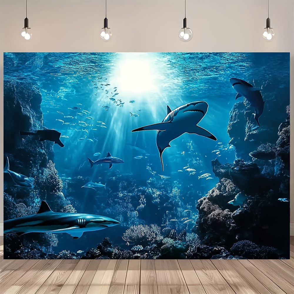 Ocean Aquarium - พรมแขวนผนังลายฉลามทะเลลึกสุดงดงาม สีฟ้ามหาสมุทร ชีวิตใต้ทะเล ตู้ปลา ทรอปิคอล ตกแต่งบ้านสไตล์ทะเล