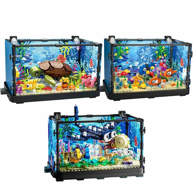 Aquarium Marine Lights - ชุดบล็อกตัวต่อตู้ปลาพร้อมไฟ，ตู้ปลา，เต่าทะเล，ของเล่นตัวต่อสำหรับเด็กอายุ 14 ปีขึ้นไป，ของขวัญ，ของตกแต่งบ้าน